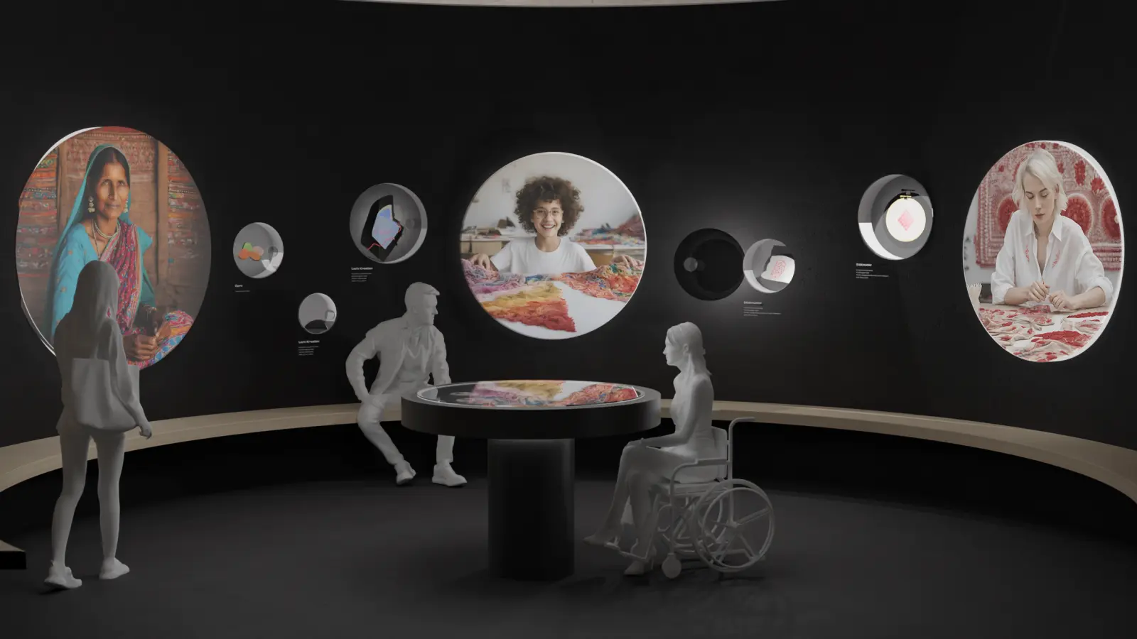 Woman to Woman — multimediale Installation, Dialograum mit Porträts im Rund