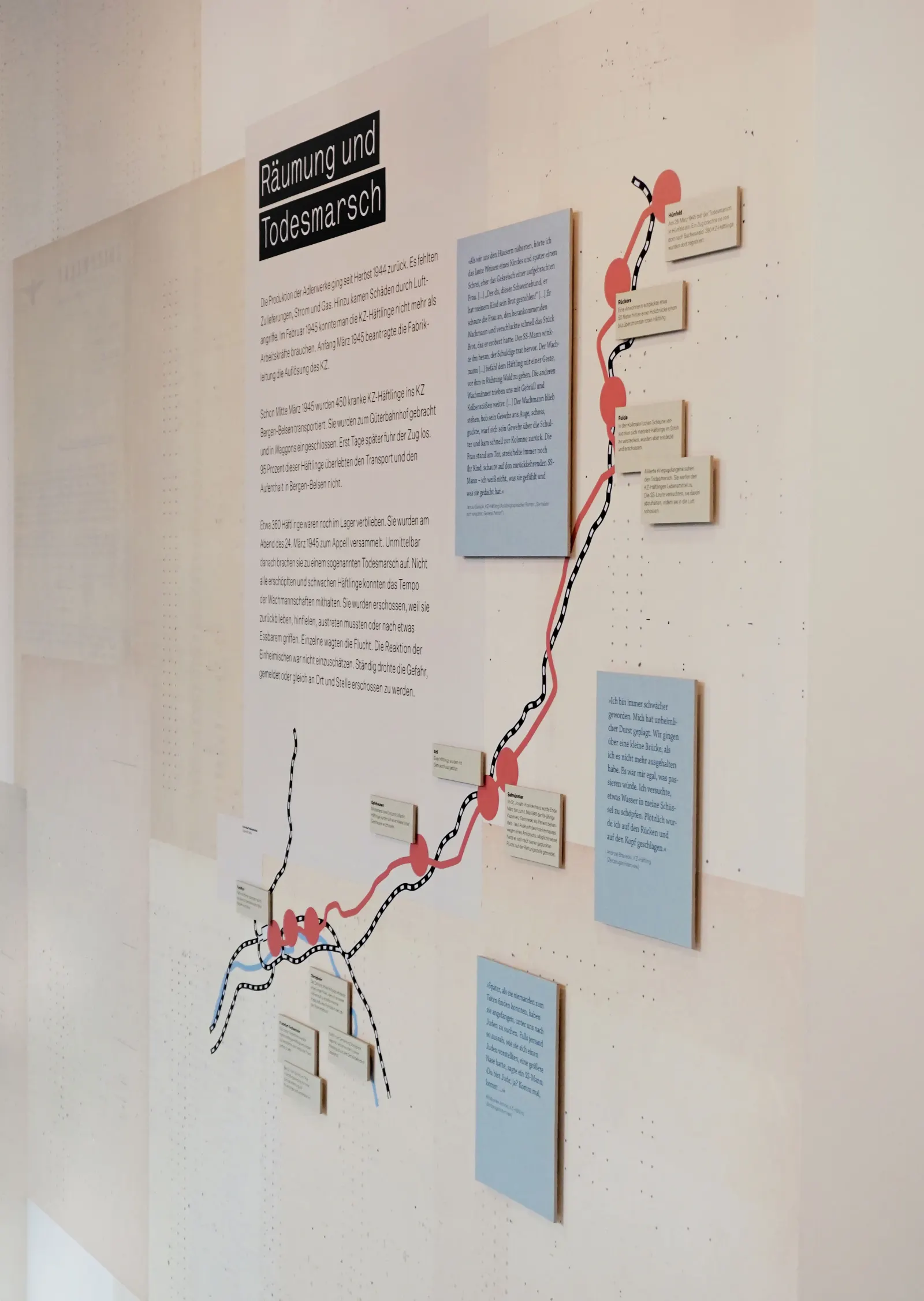 Geschichtsort Adlerwerke — Ausstellungswand „Räumung und Todesmarsch" mit kartografischer Darstellung